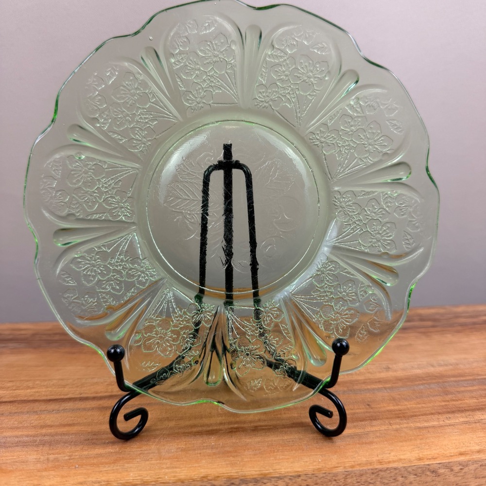 Jeannette Glass Cherry Blossom 6"  Saucer Green Uranium Depression Glass 1930s